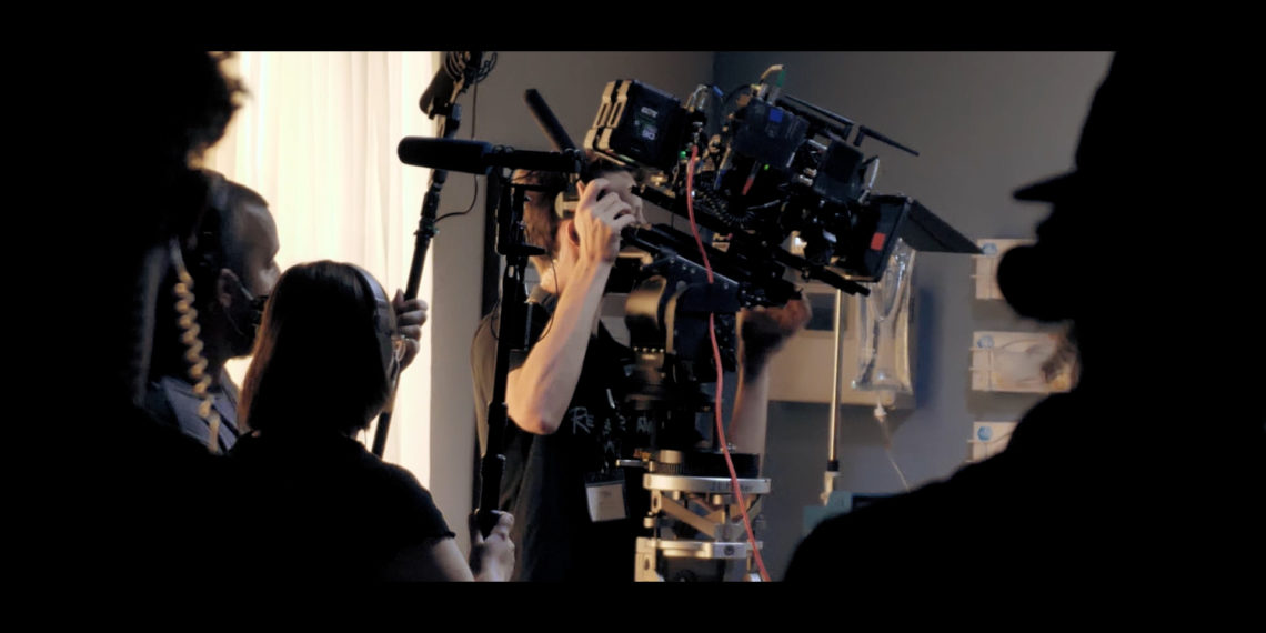 A film crew shooting in Oklahoma.