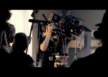 A film crew shooting in Oklahoma.