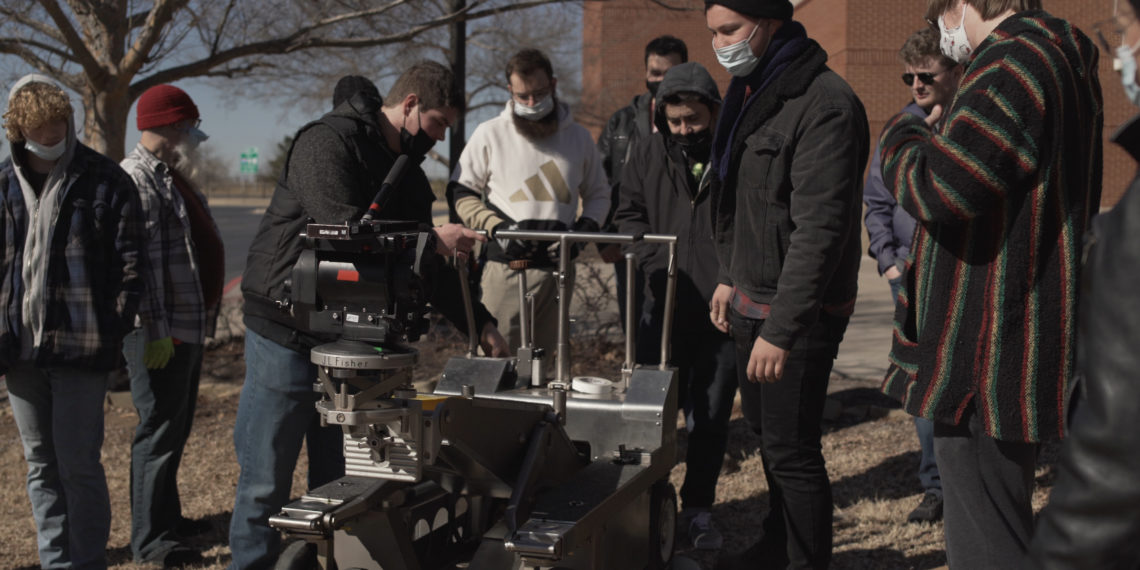 A film crew shooting in Oklahoma.