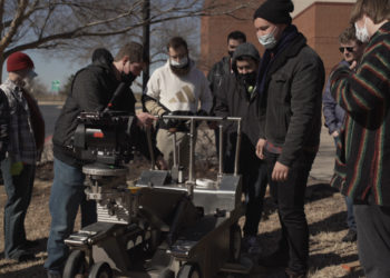 A film crew shooting in Oklahoma.