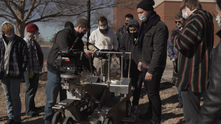 A film crew shooting in Oklahoma.