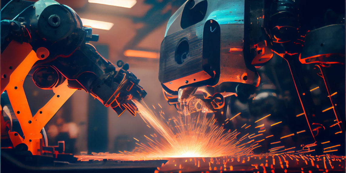 Robot welding is welding assembly automotive part in factory. Plasma cutting of metal. Industry 4.0 concept. ai generative