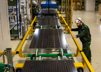 Solar panels being manufactured in an Enel facility. Image from Enel.