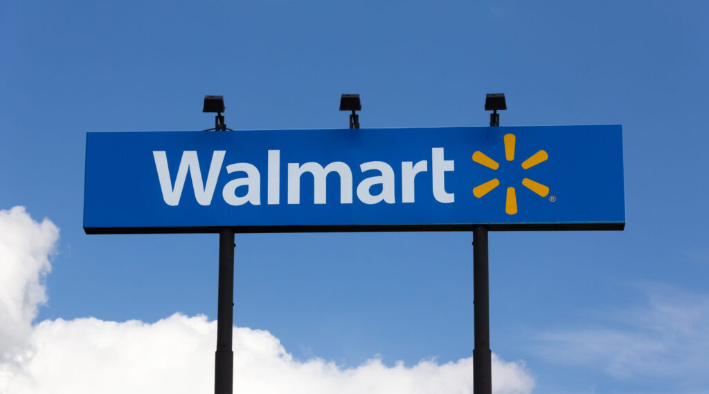HUDSON, WI/USA - AUGUST 21, 2019: Walmart retail store sign and trademark logo.