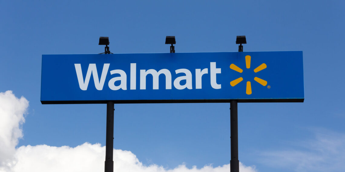 HUDSON, WI/USA - AUGUST 21, 2019: Walmart retail store sign and trademark logo.