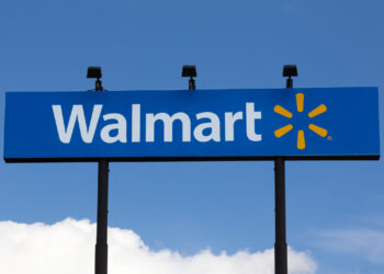 HUDSON, WI/USA - AUGUST 21, 2019: Walmart retail store sign and trademark logo.