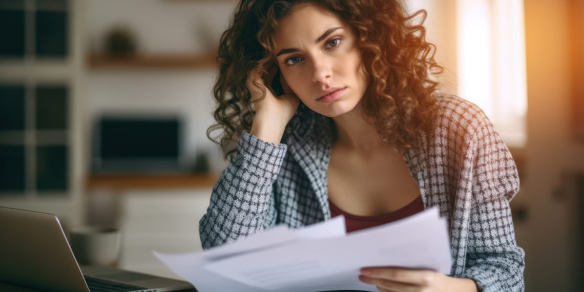 Stressed young woman reviewing her bills, reflecting financial s