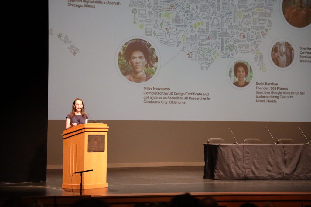 Caroline Levens speaking during the event at Oklahoma City Community College.