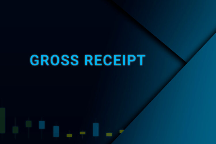 gross receipt background. Illustration with gross receipt logo. Financial illustration. gross receipt text. Economic term. Neon letters on dark-blue background. Financial chart below.ART blur