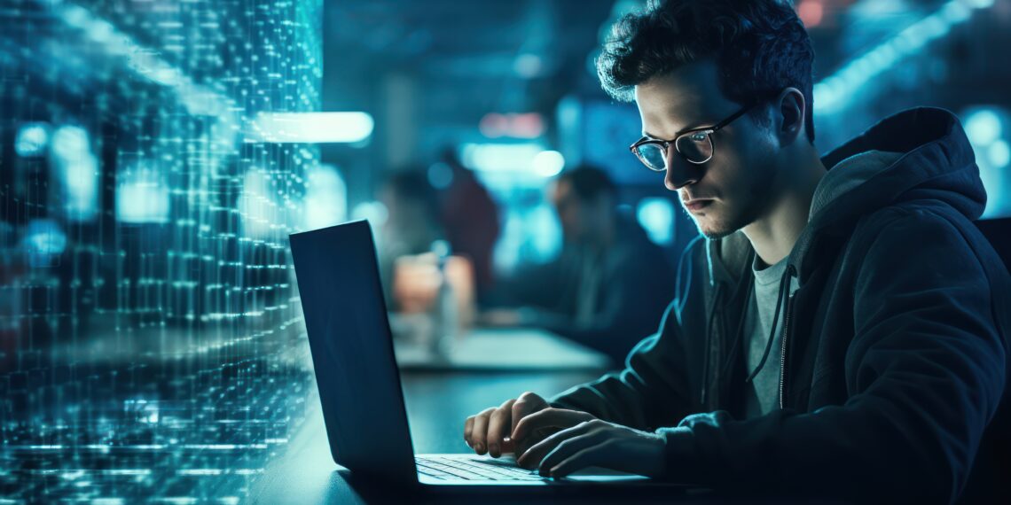 Cybercrime concept. A hacker, programmer, in a dark working space is hacking security, privacy, personnal information, with defocused many others working in his background