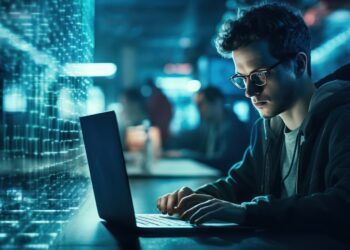 Cybercrime concept. A hacker, programmer, in a dark working space is hacking security, privacy, personnal information, with defocused many others working in his background