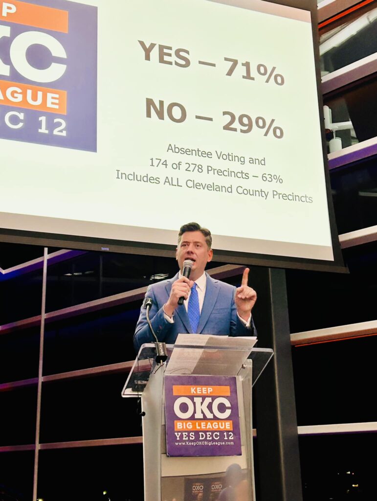 Mayor David Holt speaks after Oklahoma City voters approve funding a new arena that will be the home of the OKC Thunder for many years to come.