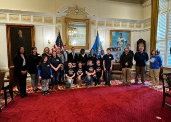 Bessie Coleman Aviation All-Star Program administrators and students with Oklahoma Department of Aerospace and Aeronautics officials.