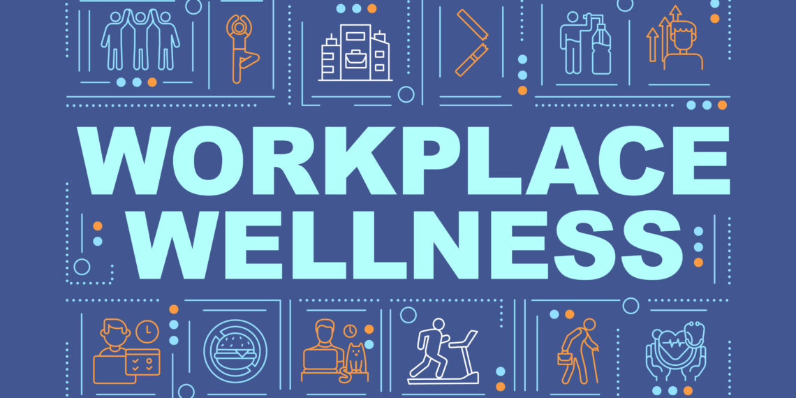 Workplace wellness word concepts banner. Support healthy life of your company employees. Infographics with linear icons on navy background. Isolated typography. Vector outline RGB color illustration