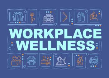 Workplace wellness word concepts banner. Support healthy life of your company employees. Infographics with linear icons on navy background. Isolated typography. Vector outline RGB color illustration