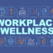 Workplace wellness word concepts banner. Support healthy life of your company employees. Infographics with linear icons on navy background. Isolated typography. Vector outline RGB color illustration