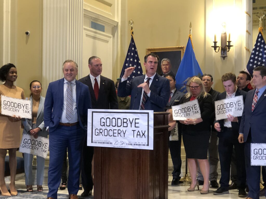 Gov. Kevin Stitt speaks about the grocery tax cut.
