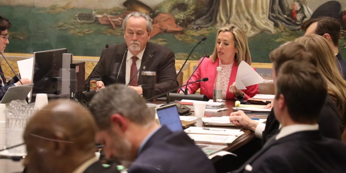 Sen. Kristen Thompson (center) speaks about Senate Bill 1447 during the Senate Business and Commerce Committee meeting.
