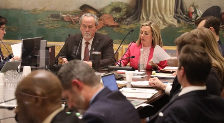 Sen. Kristen Thompson (center) speaks about Senate Bill 1447 during the Senate Business and Commerce Committee meeting.