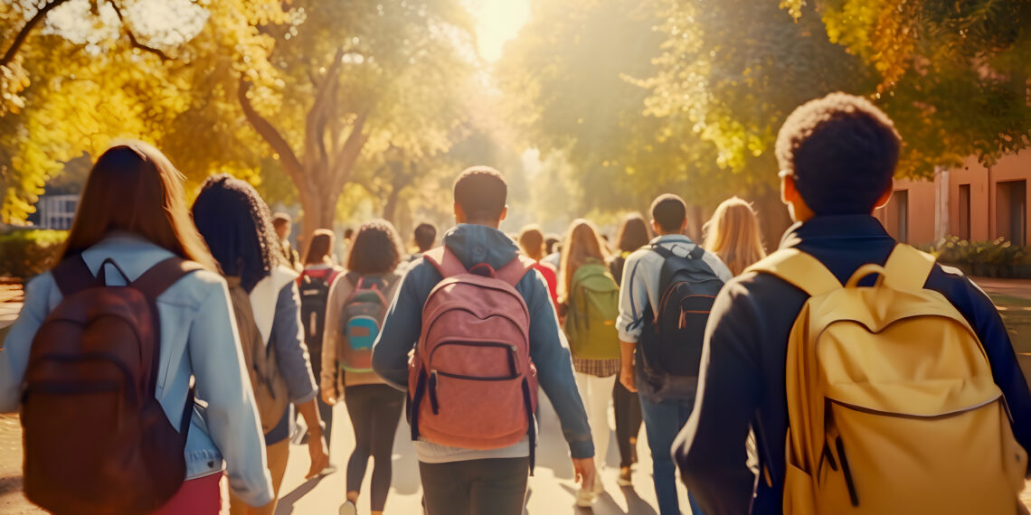 Rear view of group of diverse and multiracial high school students with backpacks going to the school in the morning.