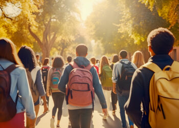 Rear view of group of diverse and multiracial high school students with backpacks going to the school in the morning.
