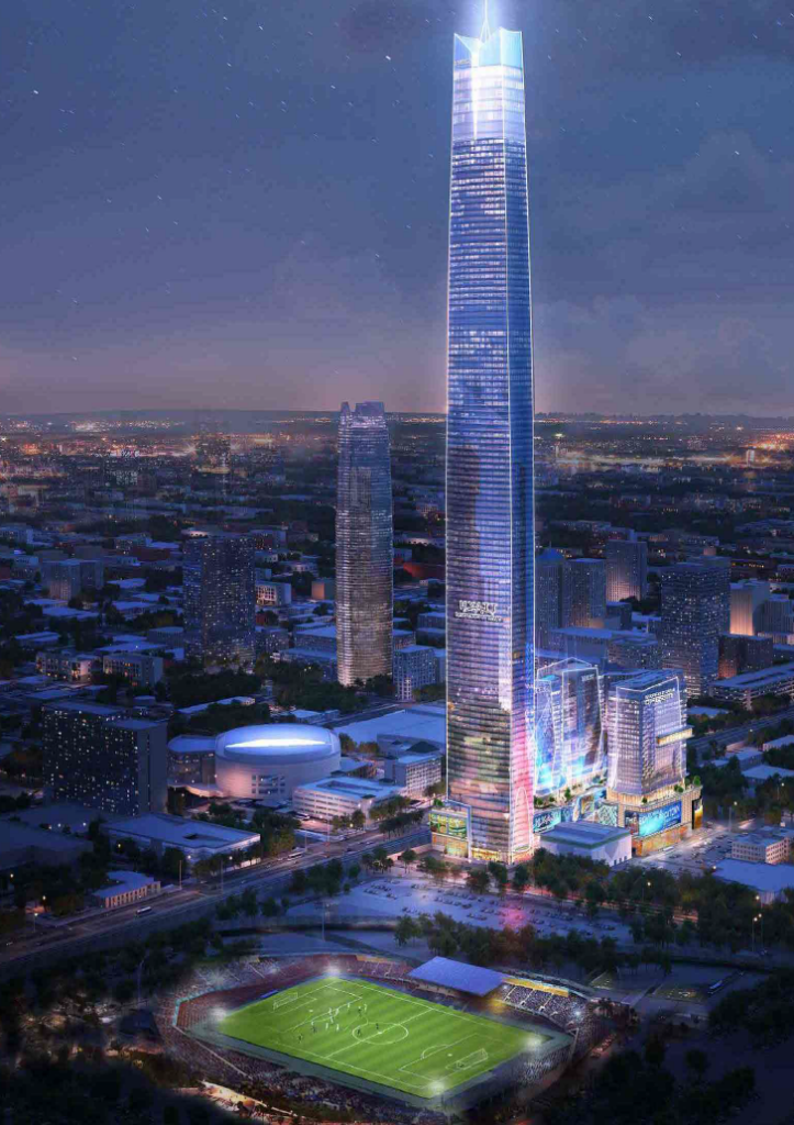 The planned 1,907 skyscraper that is the most aspirational part of The Boardwalk at Bricktown development. If built, it will be the tallest building in the U.S. Image from AO