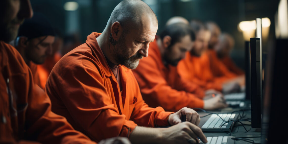 Inmates learning computer programming skills, preparing for future job opportunities upon release. Concept of technology training in prisons. Generative Ai.