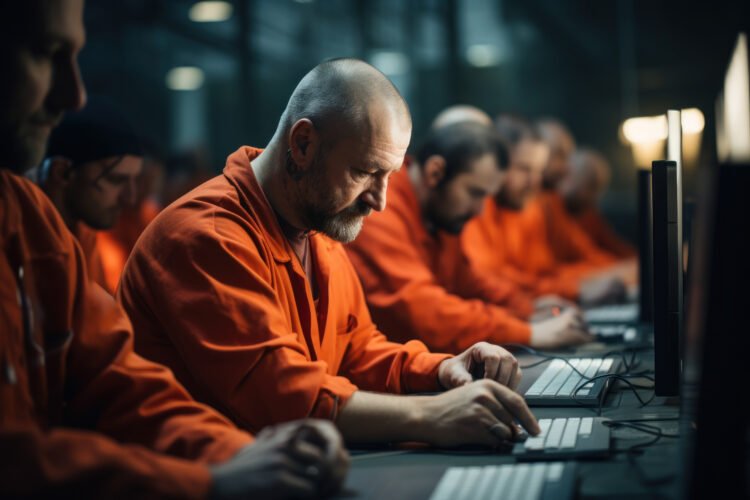 Inmates learning computer programming skills, preparing for future job opportunities upon release. Concept of technology training in prisons. Generative Ai.
