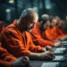Inmates learning computer programming skills, preparing for future job opportunities upon release. Concept of technology training in prisons. Generative Ai.