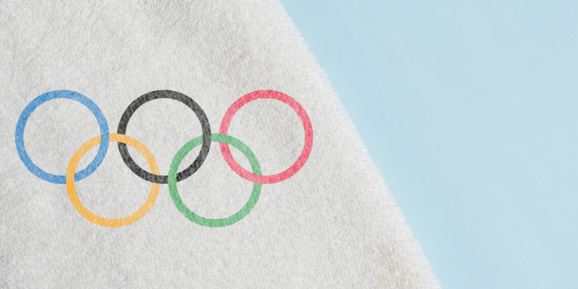 14 December 2021 - Los Angeles, USA: Symbol of Olympic Games, Olympic rings or Flag of Olympic Games on towel