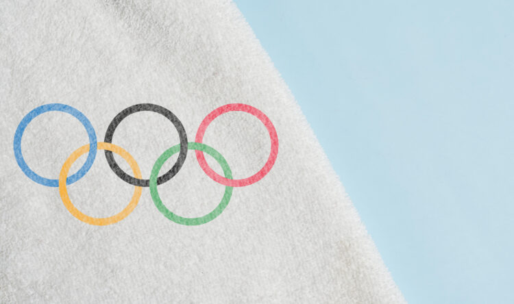 14 December 2021 - Los Angeles, USA: Symbol of Olympic Games, Olympic rings or Flag of Olympic Games on towel