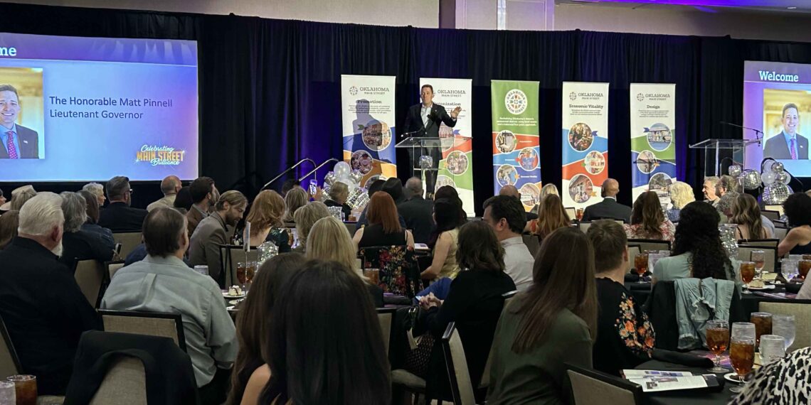 Lt. Gov. Matt Pinnell speaking during the 34th annual Main Street Awards Banquet. Photo from Oklahoma Main Street Center