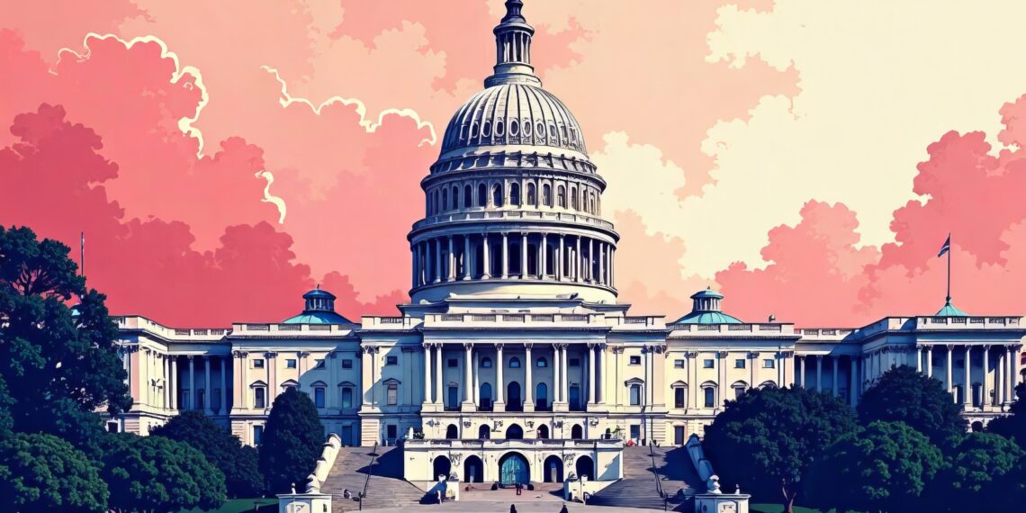 An illustration of the U.S. Capitol building in red and blue colors. Democrat and Republican.