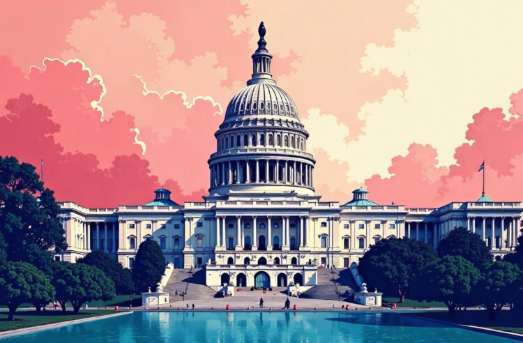 An illustration of the U.S. Capitol building in red and blue colors. Democrat and Republican.