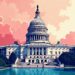 An illustration of the U.S. Capitol building in red and blue colors. Democrat and Republican.