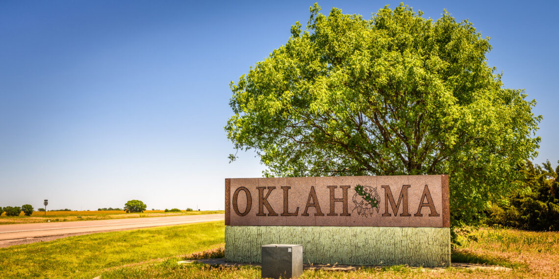 Benonine, Oklahoma, USA - May 12, 2016 : Welcome to Oklahoma road sign on I-40