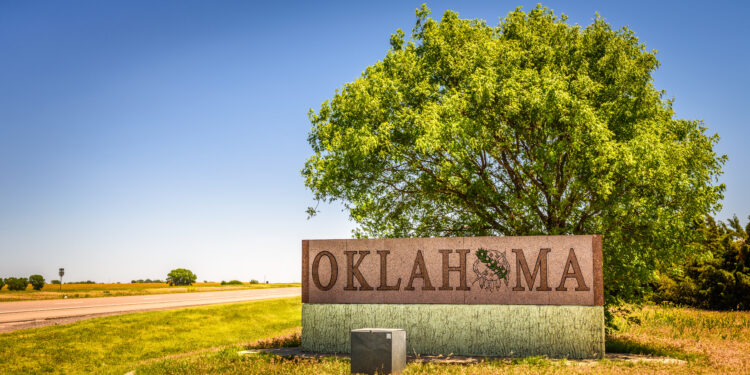 Benonine, Oklahoma, USA - May 12, 2016 : Welcome to Oklahoma road sign on I-40
