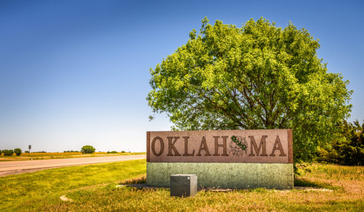 Benonine, Oklahoma, USA - May 12, 2016 : Welcome to Oklahoma road sign on I-40