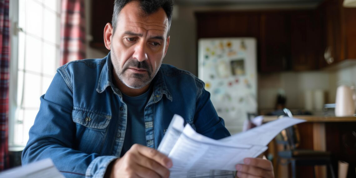 Low income man checking his home finances and looking worried Latin American low income man checking his home finances and looking worried while looking at the utility bills - lifestyle concepts