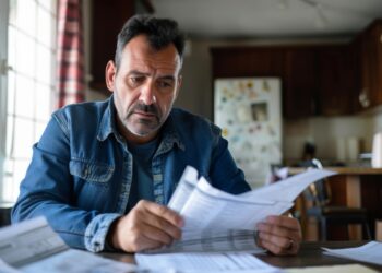 Low income man checking his home finances and looking worried Latin American low income man checking his home finances and looking worried while looking at the utility bills - lifestyle concepts