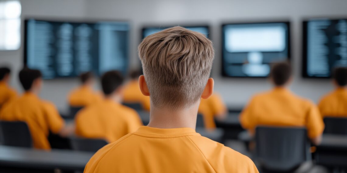 Juvenile Detention Center: A young inmate sits in a classroom, his back to the camera, focusing on the monitors ahead.
