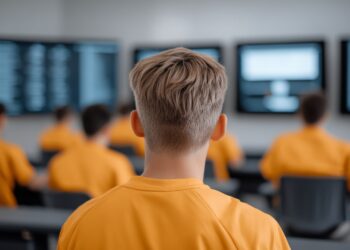 Juvenile Detention Center: A young inmate sits in a classroom, his back to the camera, focusing on the monitors ahead.