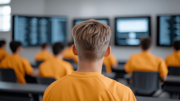 Juvenile Detention Center: A young inmate sits in a classroom, his back to the camera, focusing on the monitors ahead.