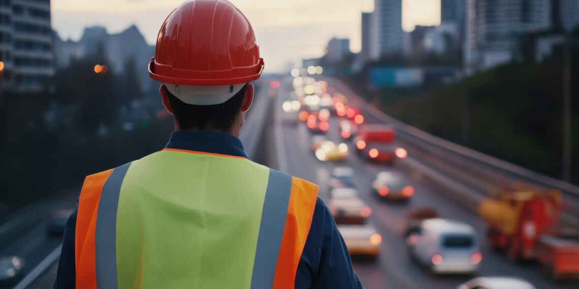 Civil Engineer Overseeing Urban Expressway Construction Progress