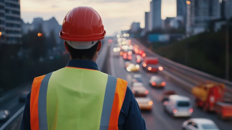 Civil Engineer Overseeing Urban Expressway Construction Progress