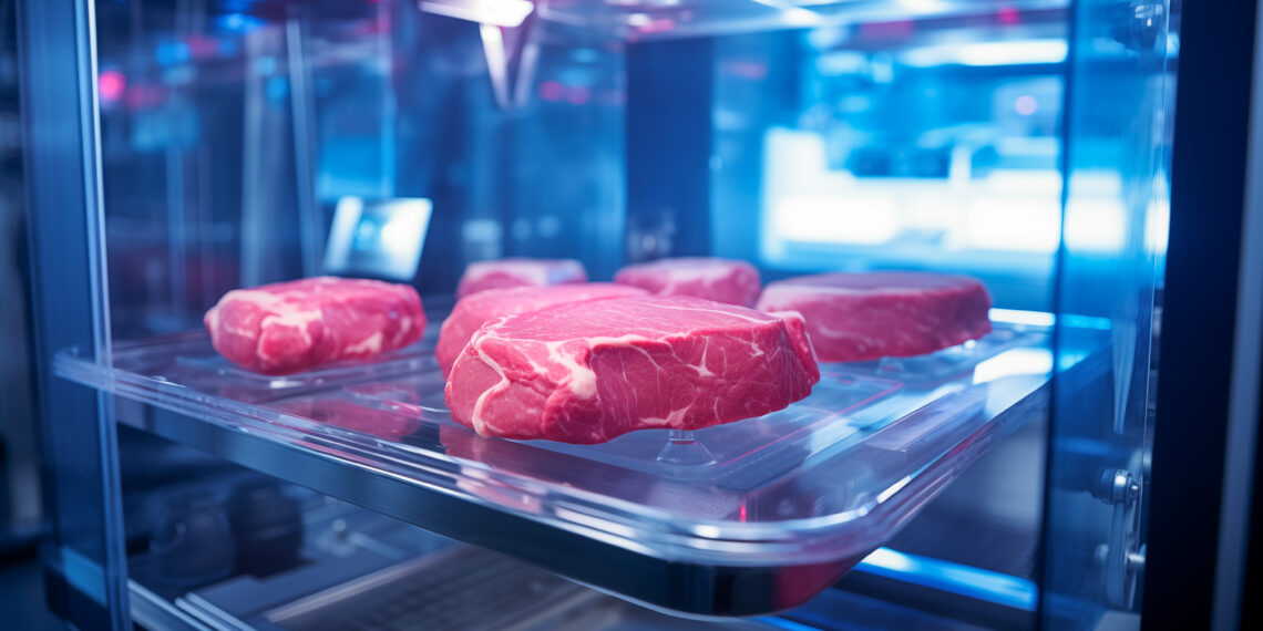 A steak of raw cultivated meat in a modern laboratory.