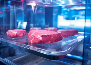 A steak of raw cultivated meat in a modern laboratory.