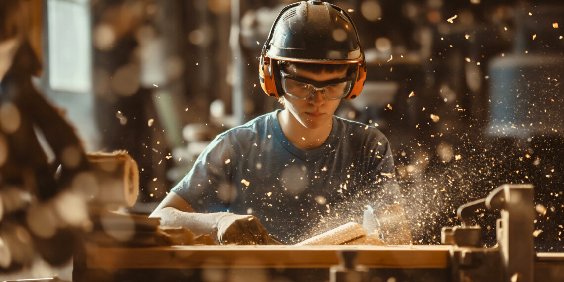 Teenage boy carpenter wearing protective workwear, helmet and glasses, cutting wood on a machine. Craftsman working with hardwood, sawing indoors, manufacturing timber, precision pressure structure