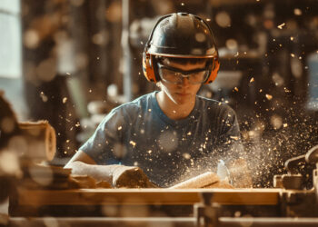 Teenage boy carpenter wearing protective workwear, helmet and glasses, cutting wood on a machine. Craftsman working with hardwood, sawing indoors, manufacturing timber, precision pressure structure