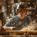 Teenage boy carpenter wearing protective workwear, helmet and glasses, cutting wood on a machine. Craftsman working with hardwood, sawing indoors, manufacturing timber, precision pressure structure